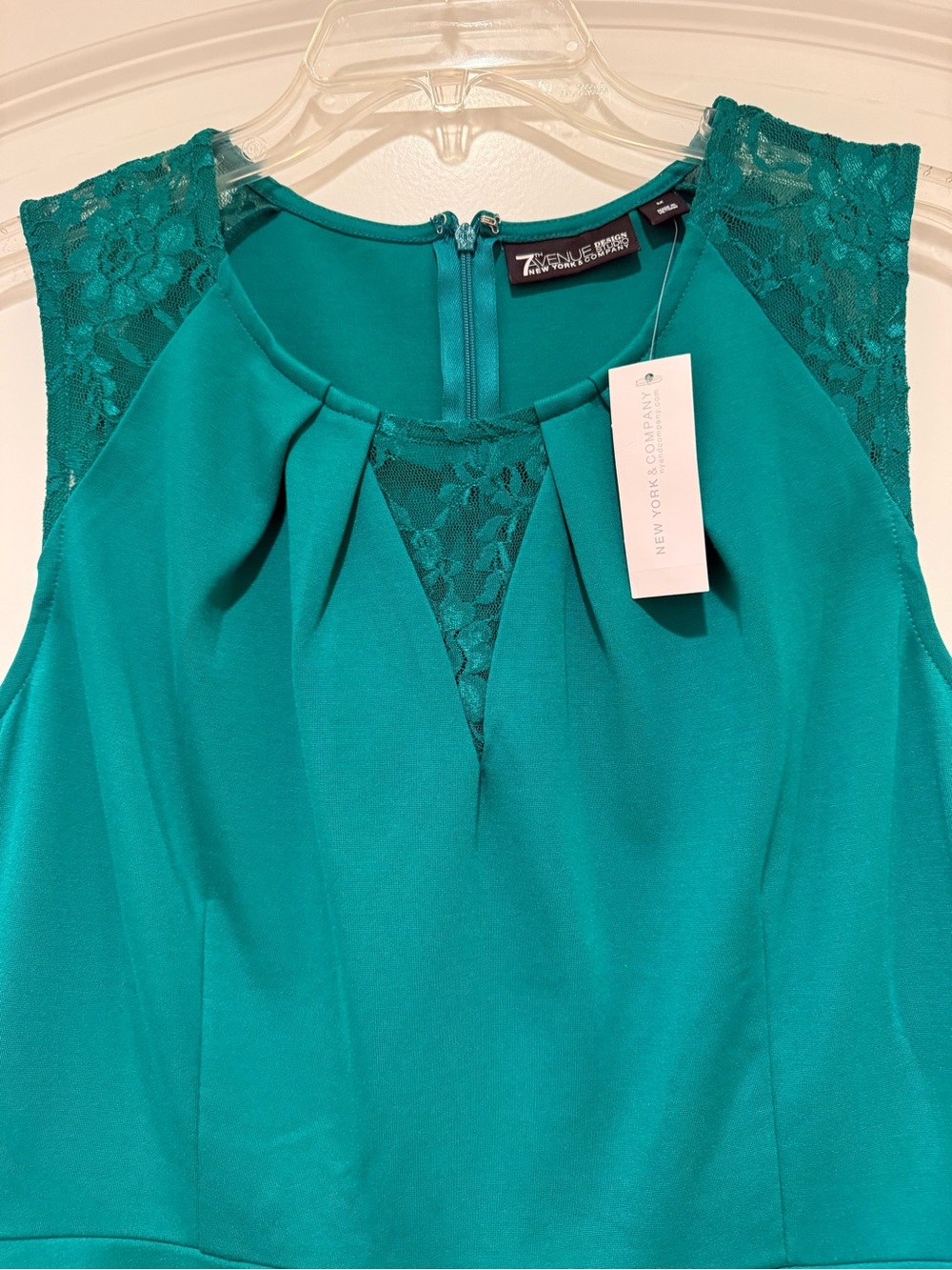 New York and Company Teal Lace-Shoulder Peplum Top - Picture 4 of 17
